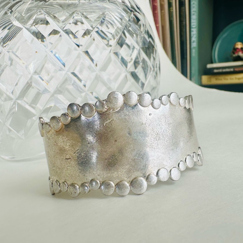 Artisan Bubble Trimmed Silver Tone Cuff Bracelet, 2” Wide